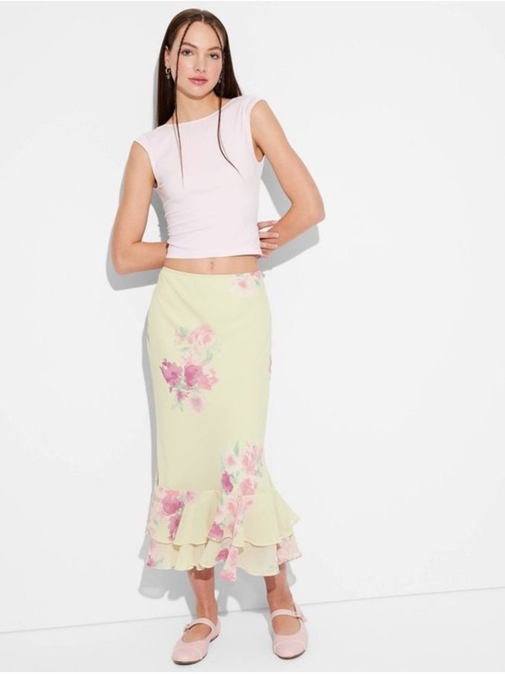 wild fable Floral Ruffle Midi Skirt Pale Green
